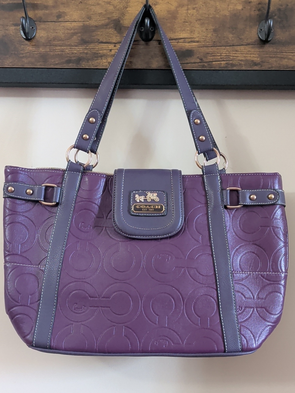 Coach Purple Embossed Signature Leather Tote with Gold Hardware